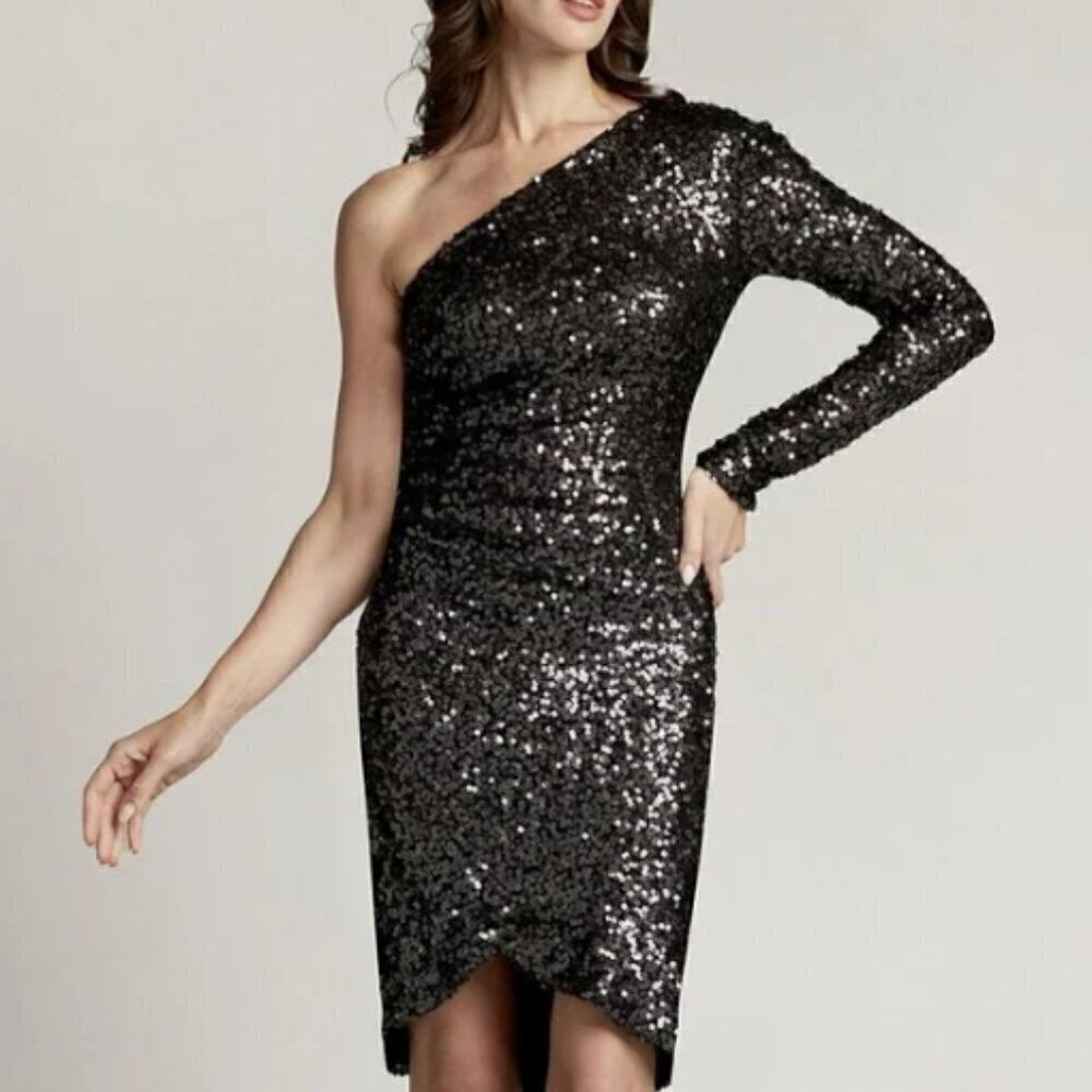 Tadashi Shoji SHO On Shoulder Long Sleeve Ruched Sequin Mini‎ Dress XL